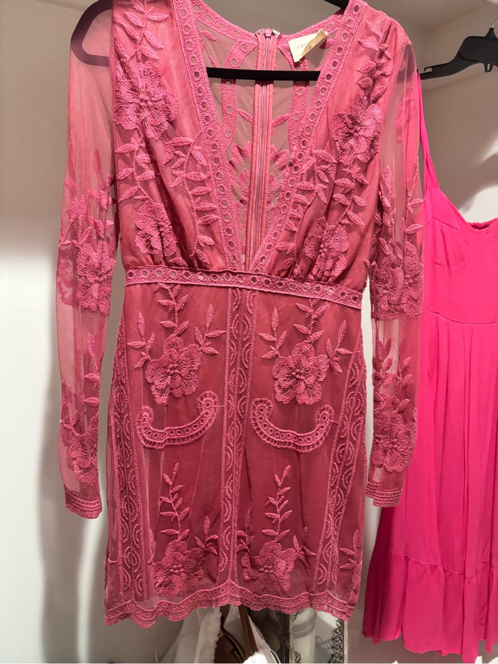 vestique Embroidered Long-Sleeve Lace Dress in Rose